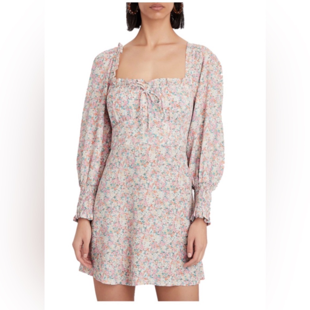 Faithfull The Brand Ira Mini Dress‎ Floral Puff Sleeve Tie Front NWT L